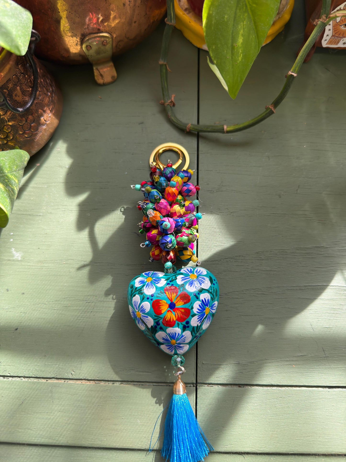Handmade Barro Clay Heart Keychain • Mexican Painted Folk Art Charm