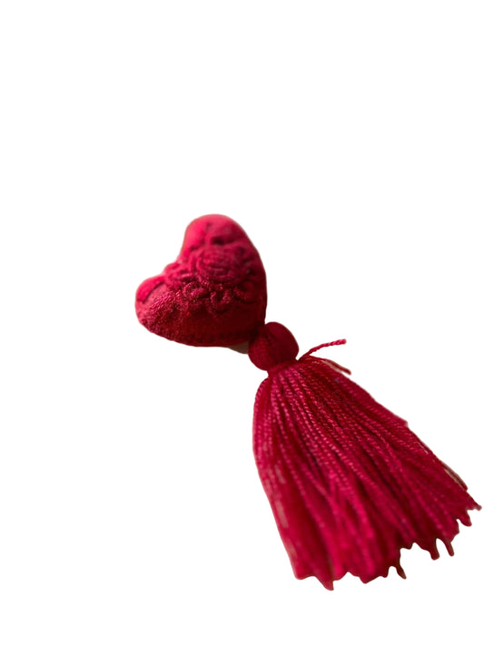 Red Embroidered Heart Tassel Keychain•Mexican Artisan Handmade Keychain•Boho Bag Charm