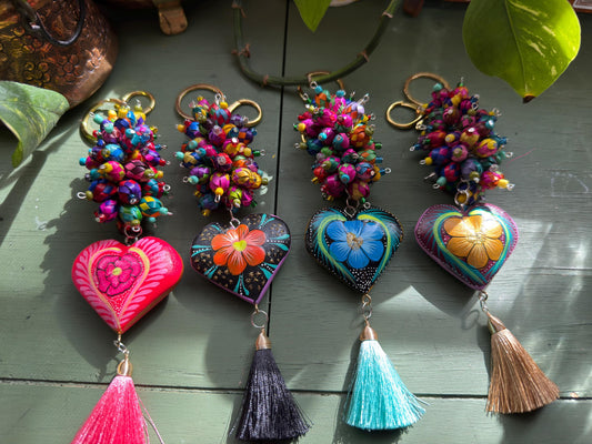 Hand-Carved Wooden Heart Keychain • Mexican Folk Art Bag Charm