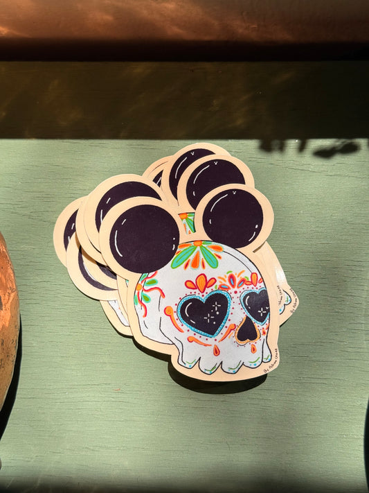 Mickey Ear Calavera Sticker. Hand drawn Mexican inspired