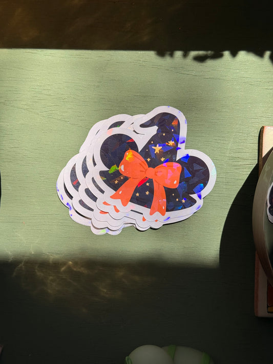 Minnie Mouse witchy hat sticker. Handmade holographic