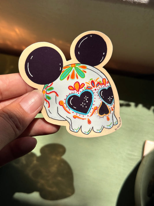 Mickey Ear Calavera Sticker. Hand drawn Mexican inspired