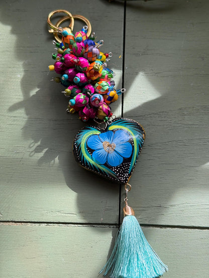 Hand-Carved Wooden Heart Keychain • Mexican Folk Art Bag Charm