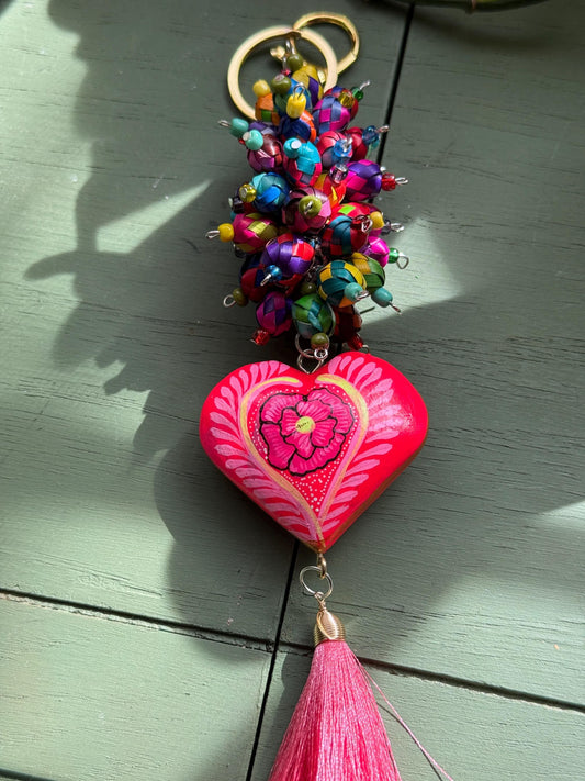Hand-Carved Wooden Heart Keychain • Mexican Folk Art Bag Charm