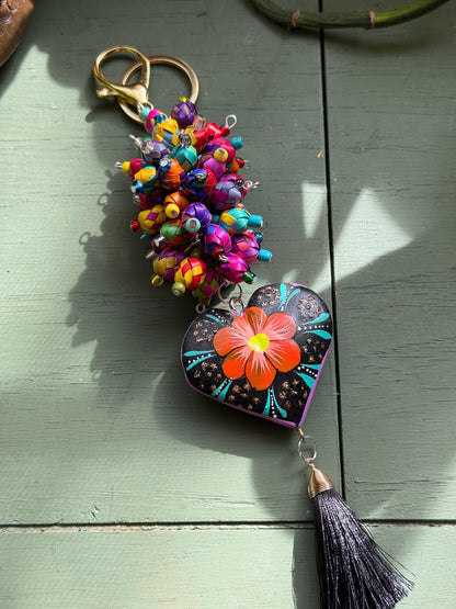Hand-Carved Wooden Heart Keychain • Mexican Folk Art Bag Charm