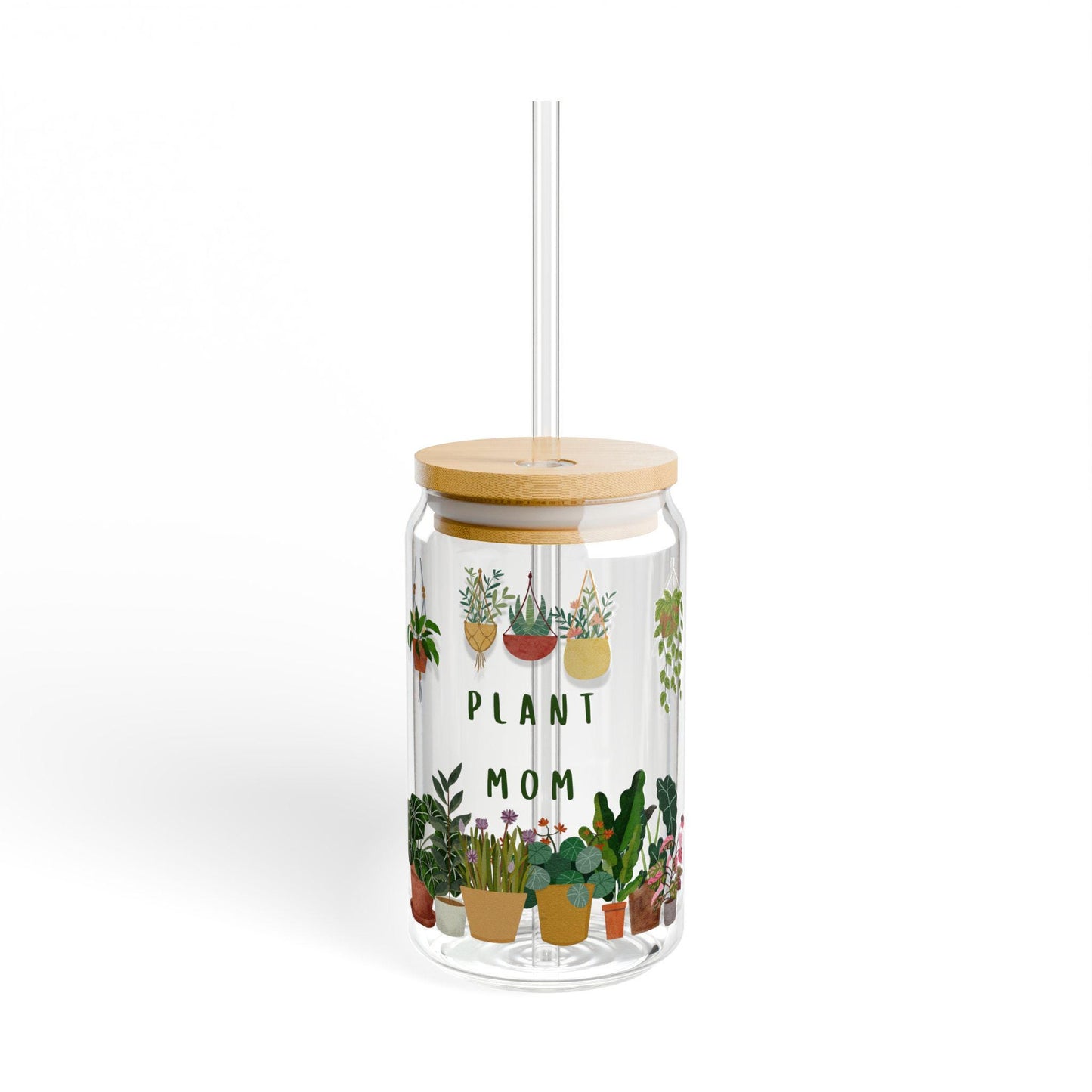 Plant Mom Sipper Glass (16oz): Eco-Friendly Drinkware with Bamboo Lid