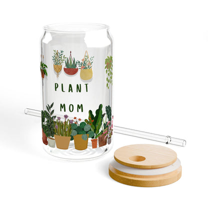 Plant Mom Sipper Glass (16oz): Eco-Friendly Drinkware with Bamboo Lid