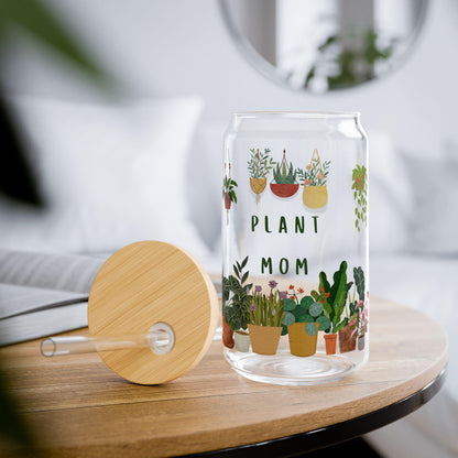 Plant Mom Sipper Glass (16oz): Eco-Friendly Drinkware with Bamboo Lid