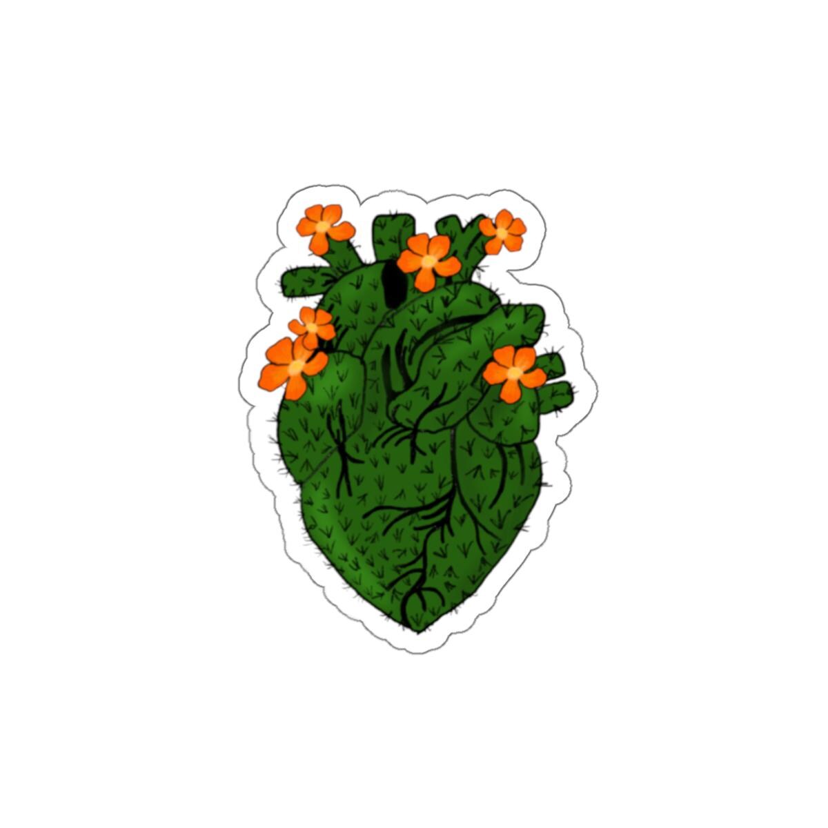 Botanical Heart Sticker: Green Cactus Art, Laptop Decal