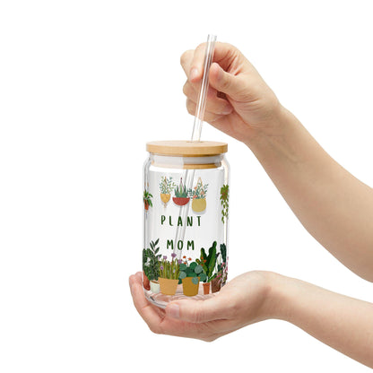 Plant Mom Sipper Glass (16oz): Eco-Friendly Drinkware with Bamboo Lid