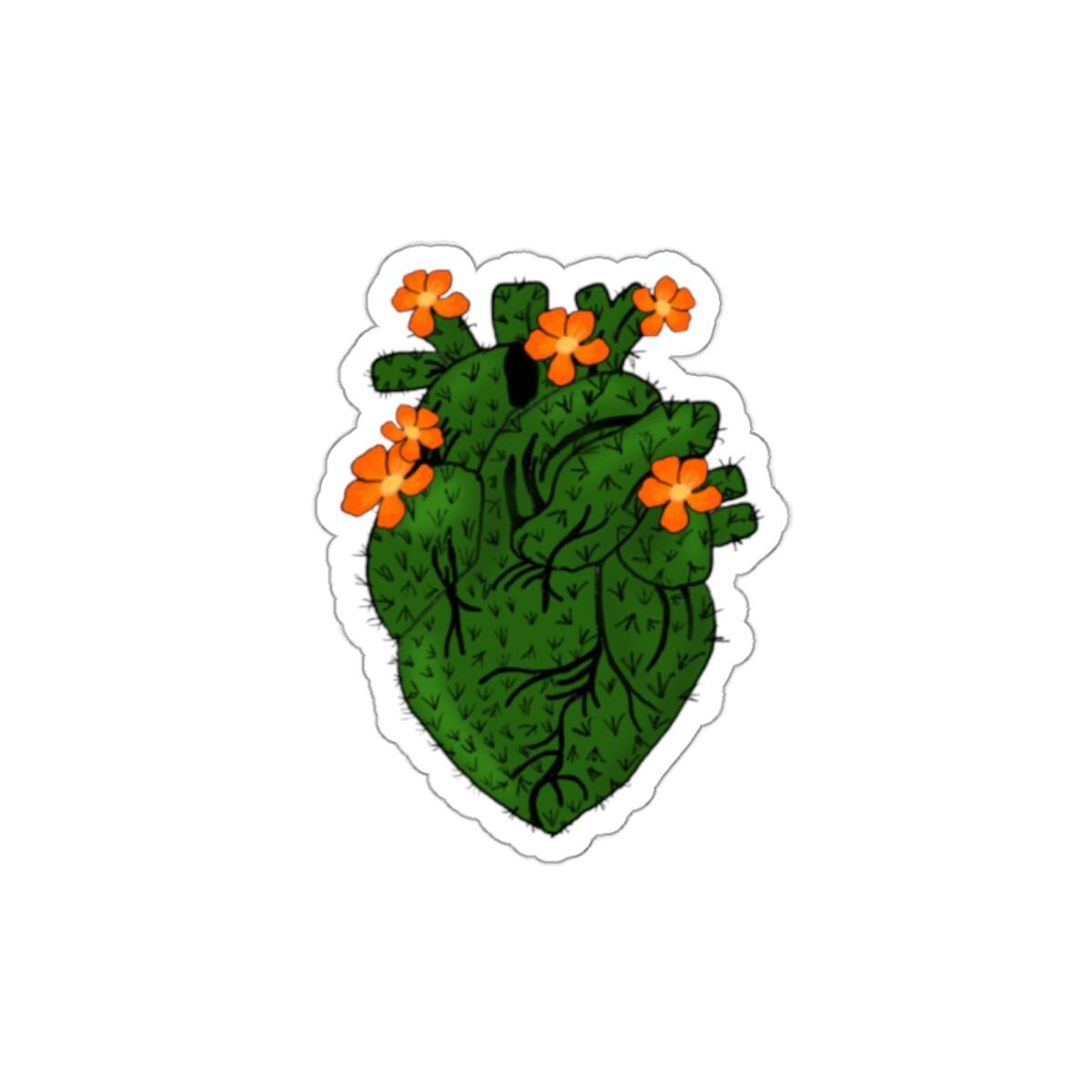 Botanical Heart Sticker: Green Cactus Art, Laptop Decal
