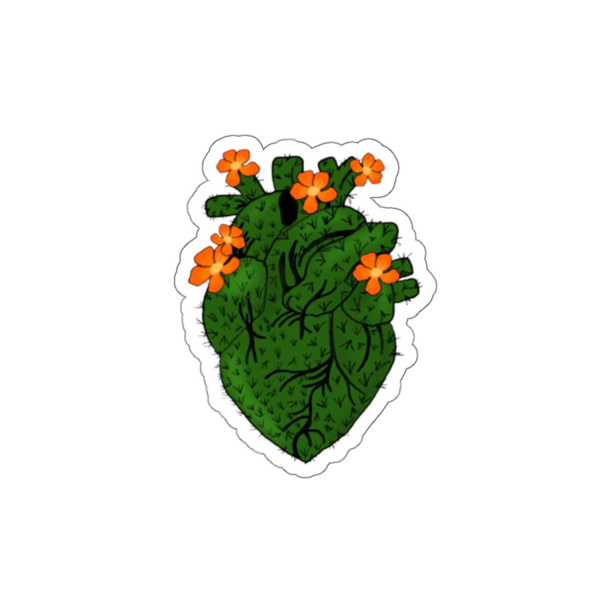 Botanical Heart Sticker: Green Cactus Art, Laptop Decal