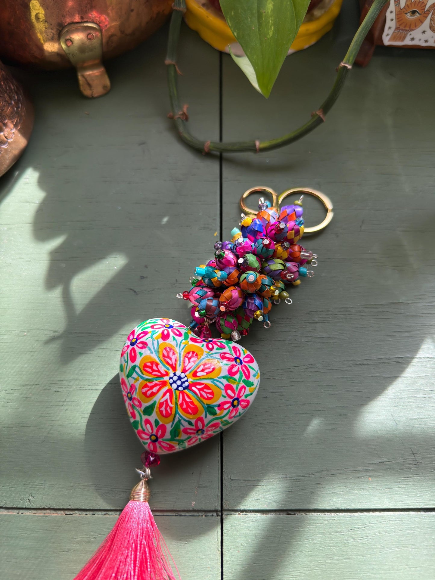 Handmade Barro Clay Heart Keychain • Mexican Painted Folk Art Charm