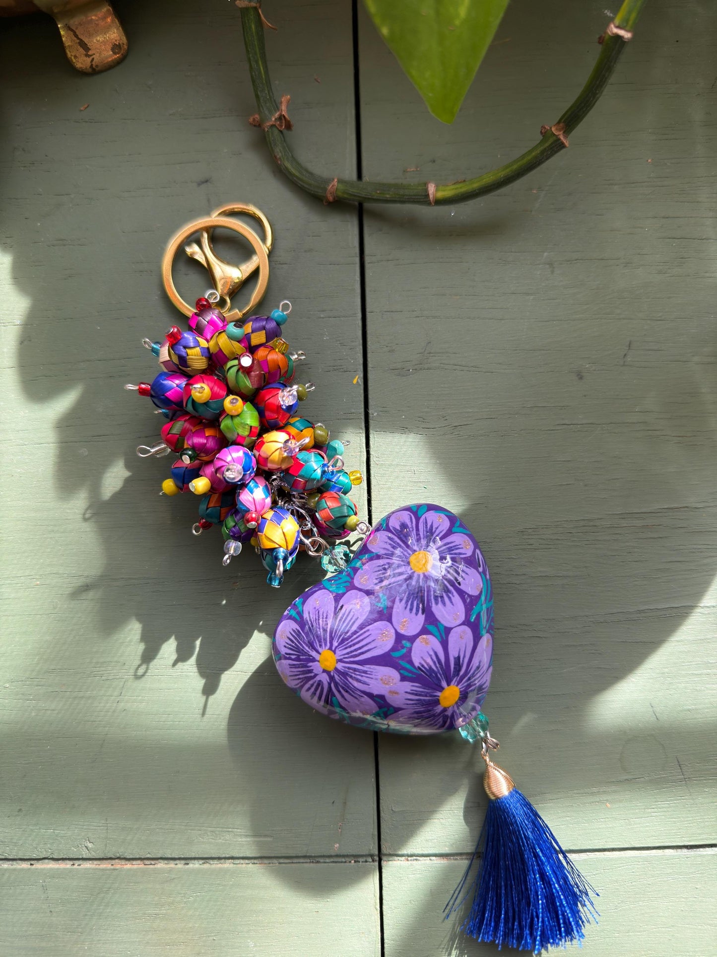 Handmade Barro Clay Heart Keychain • Mexican Painted Folk Art Charm