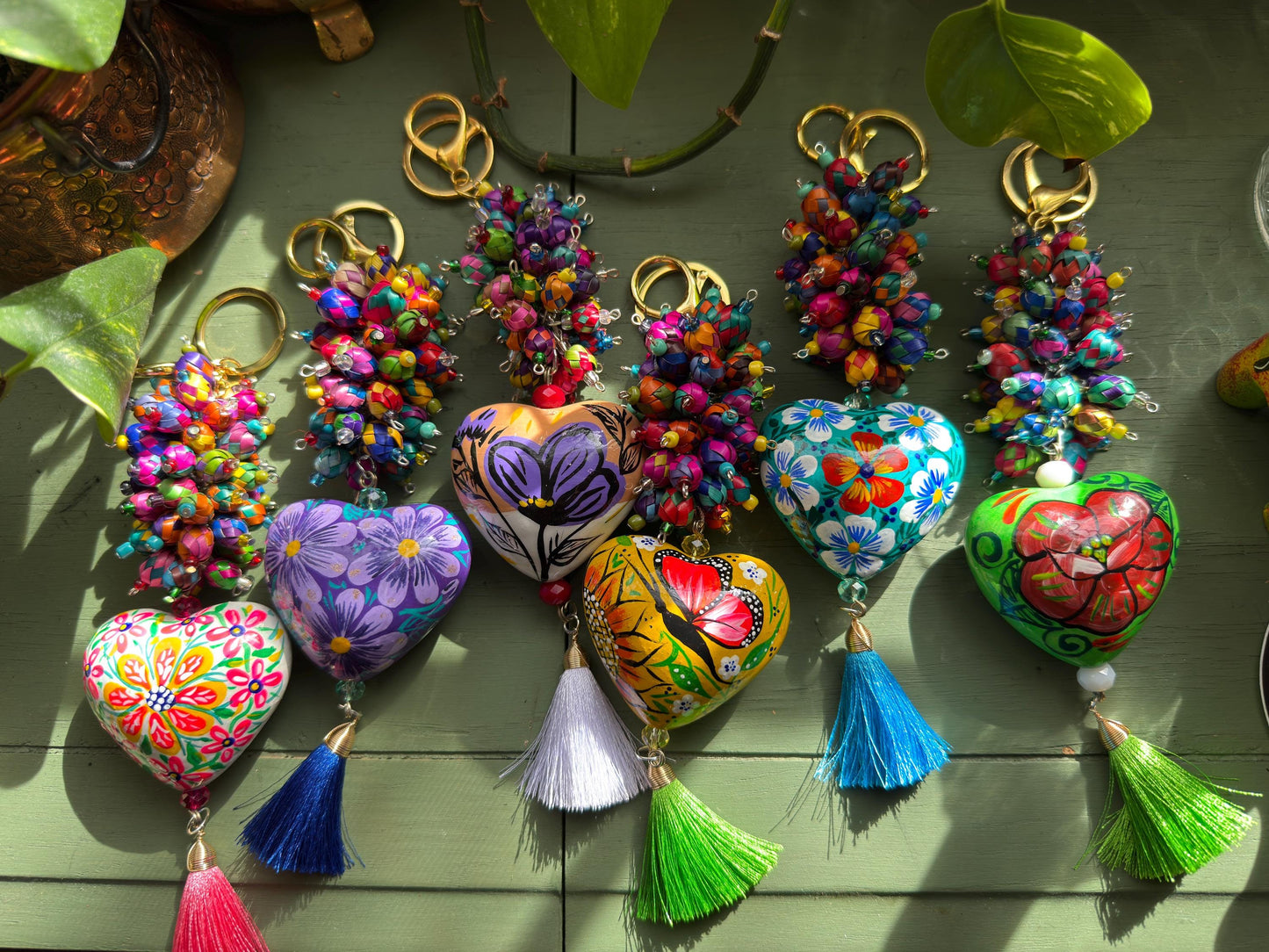 Handmade Barro Clay Heart Keychain • Mexican Painted Folk Art Charm