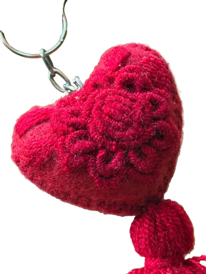 Red Embroidered Heart Tassel Keychain•Mexican Artisan Handmade Keychain•Boho Bag Charm