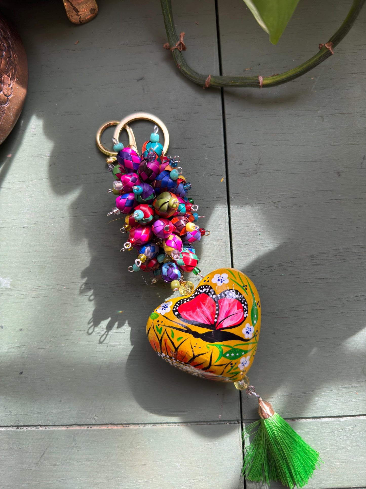 Handmade Barro Clay Heart Keychain • Mexican Painted Folk Art Charm