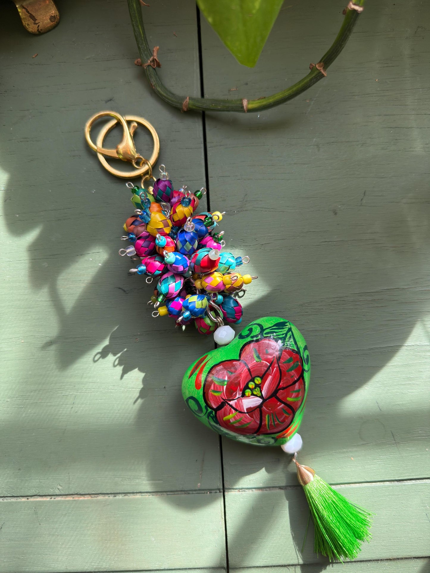 Handmade Barro Clay Heart Keychain • Mexican Painted Folk Art Charm