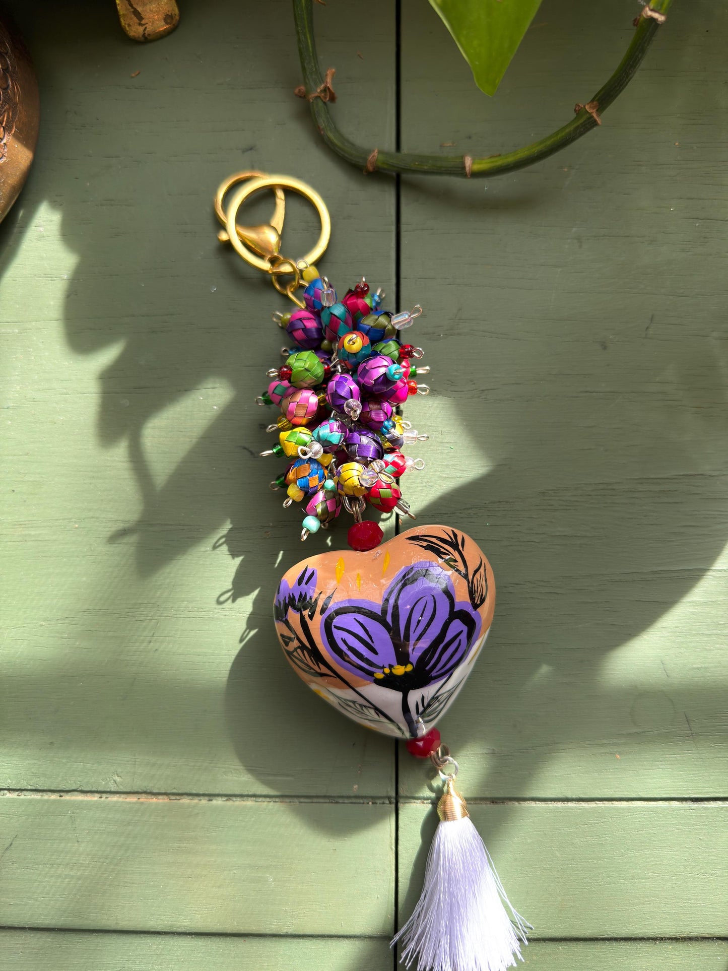 Handmade Barro Clay Heart Keychain • Mexican Painted Folk Art Charm
