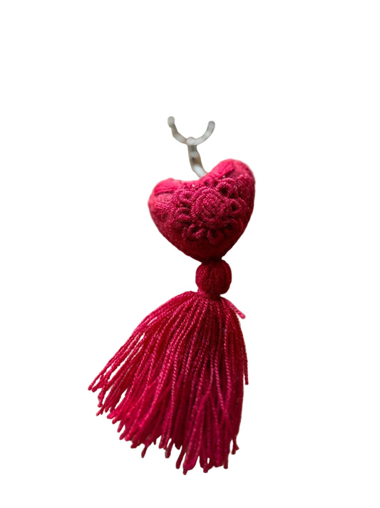 Red Embroidered Heart Tassel Keychain•Mexican Artisan Handmade Keychain•Boho Bag Charm