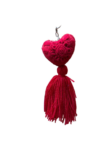 Red Embroidered Heart Tassel Keychain•Mexican Artisan Handmade Keychain•Boho Bag Charm