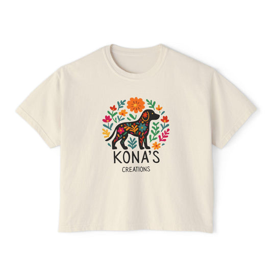 Kona's Creations Floral Folk Art Dog Boxy Tee – Women's Graphic T-Shirt