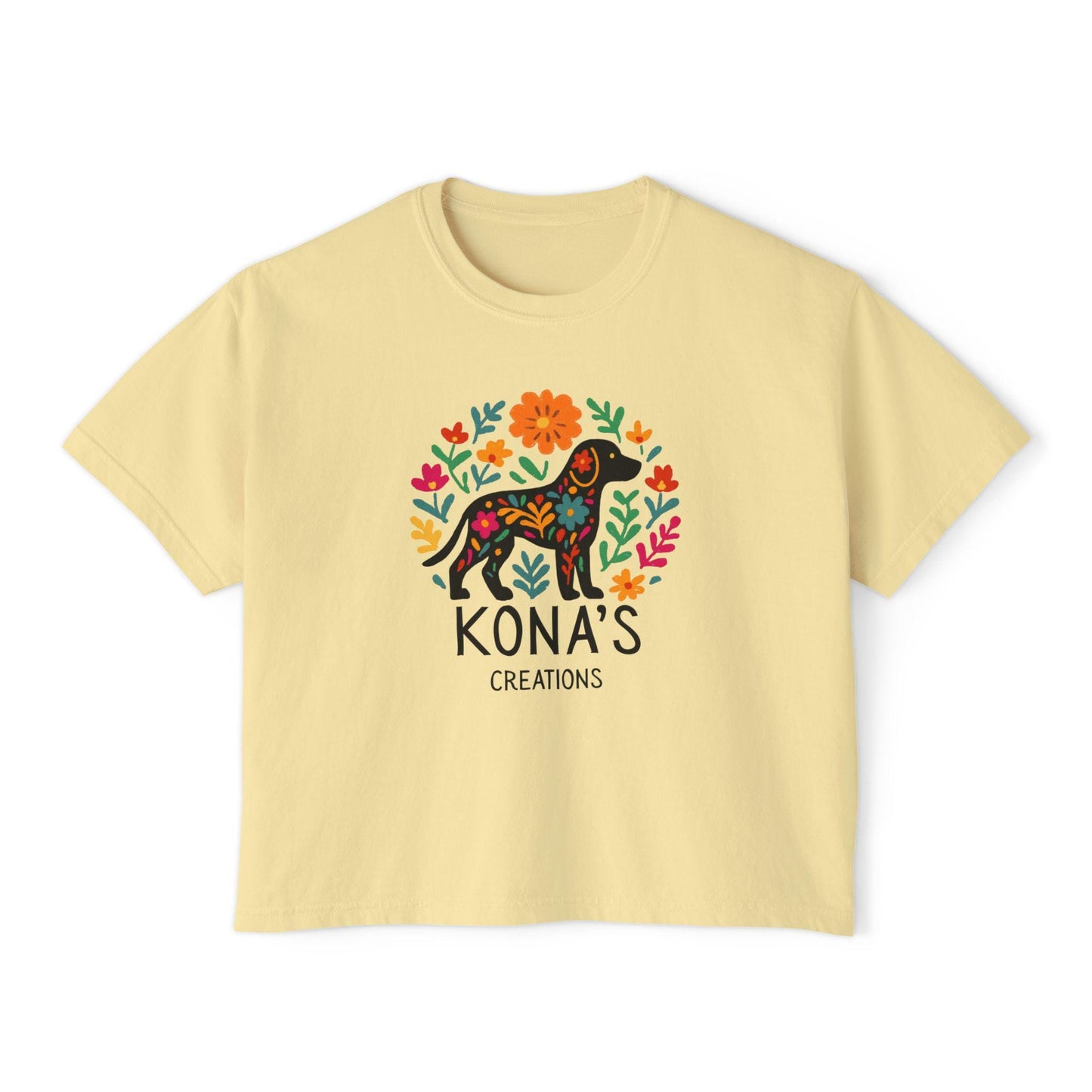 Floral Folk Art Dog Kona's Creations Tee | Boxy Women's Tee