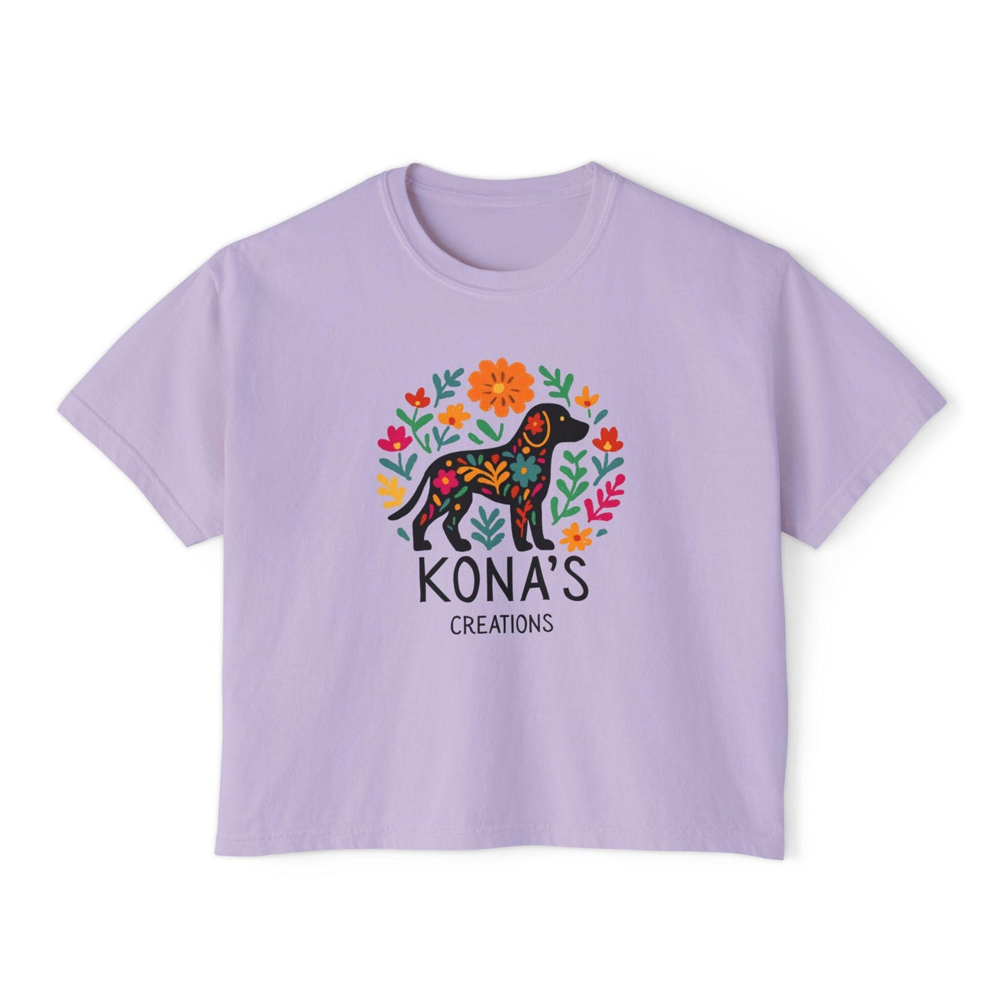 Floral Folk Art Dog Kona's Creations Tee | Boxy Women's Tee