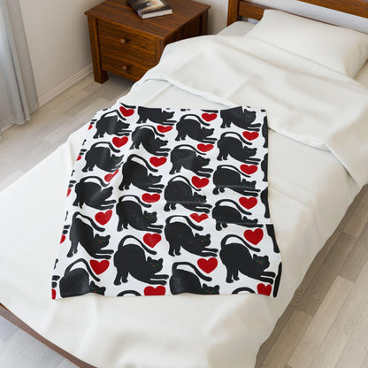 Black Cat Silhouette Pattern Velveteen Plush Blanket | Red Hearts, Cozy Throw