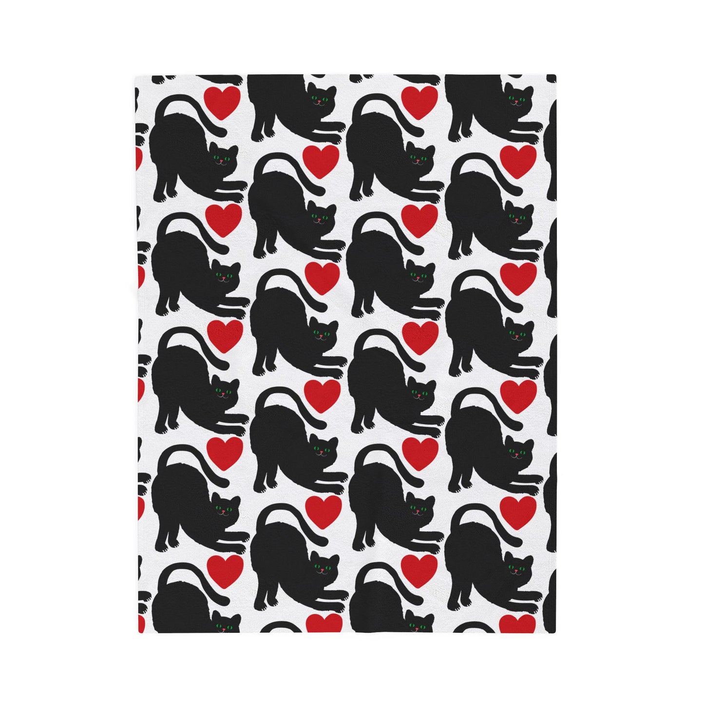 Black Cat Silhouette Pattern Velveteen Plush Blanket | Red Hearts, Cozy Throw