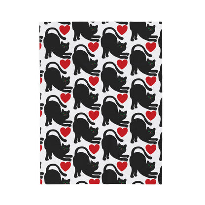 Black Cat Silhouette Pattern Velveteen Plush Blanket | Red Hearts, Cozy Throw