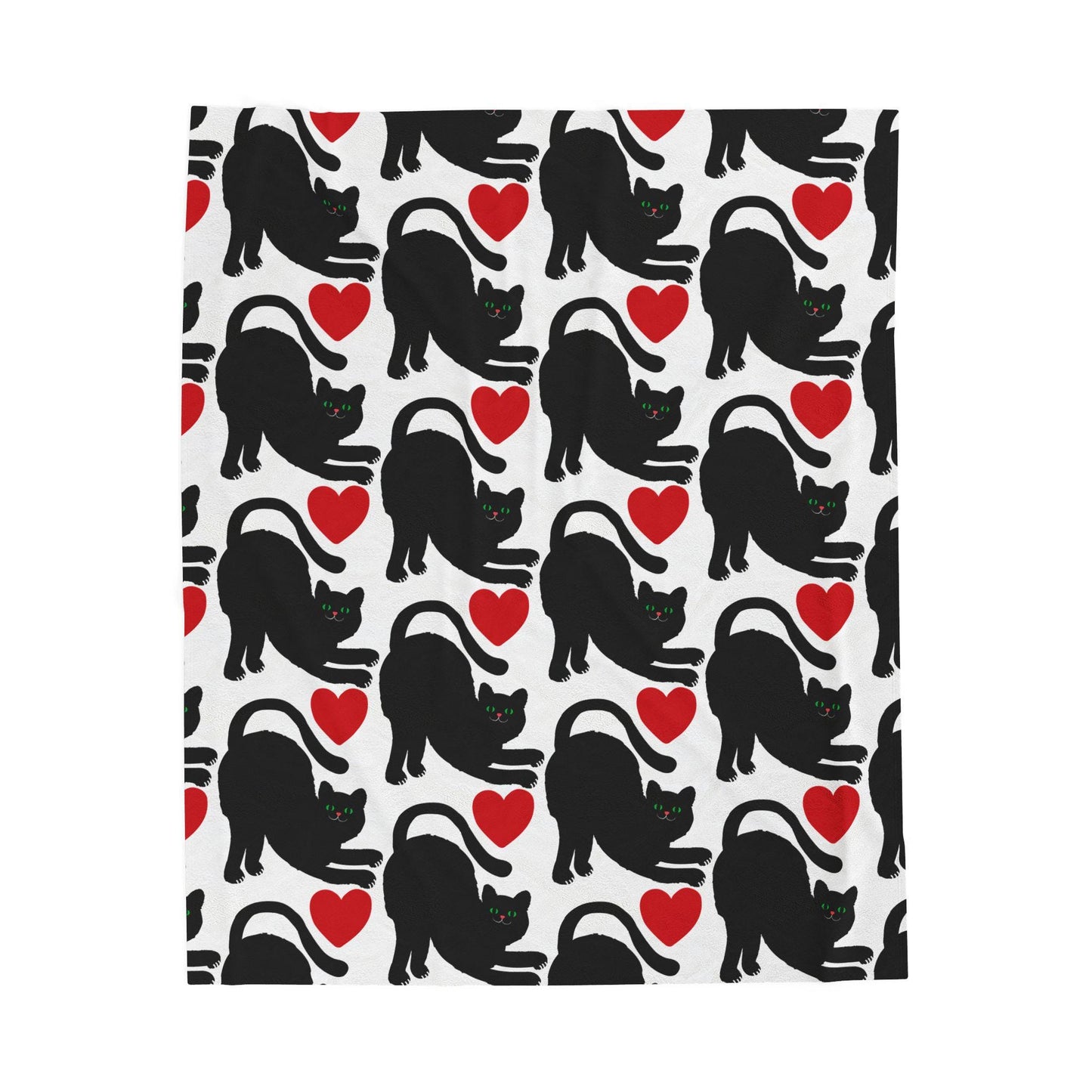 Black Cat Silhouette Pattern Velveteen Plush Blanket | Red Hearts, Cozy Throw