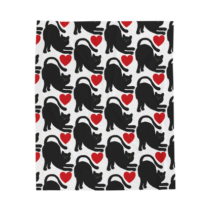 Black Cat Silhouette Pattern Velveteen Plush Blanket | Red Hearts, Cozy Throw