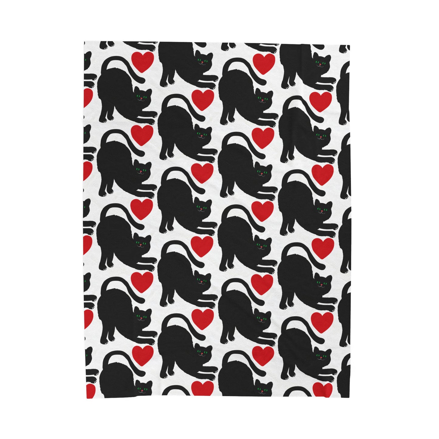 Black Cat Silhouette Pattern Velveteen Plush Blanket | Red Hearts, Cozy Throw