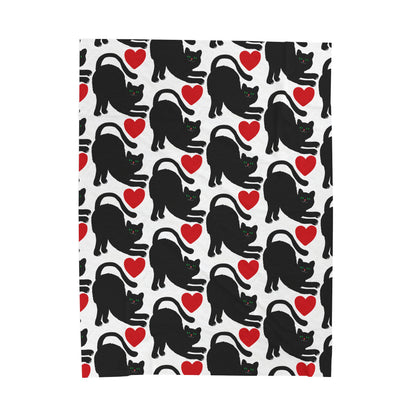 Black Cat Silhouette Pattern Velveteen Plush Blanket | Red Hearts, Cozy Throw