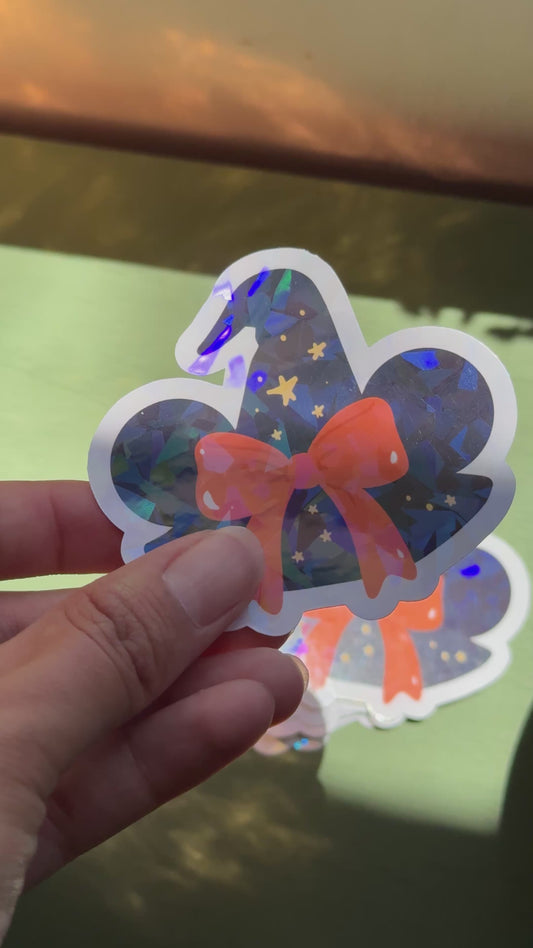 Minnie Mouse witchy hat sticker. Handmade holographic